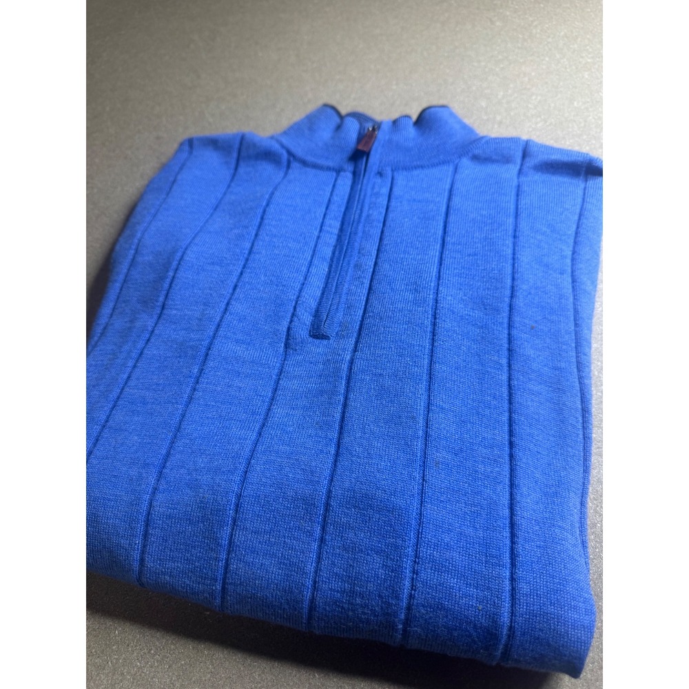 Peter Millar Men Blue Extrafine Italian Merino Wool Ribbed Quarter Zip Sweater L